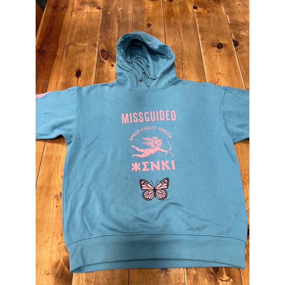 Missguided Blue Cupid Butterfly Graphic Hoodie Pink Flame Sleeve US 2
